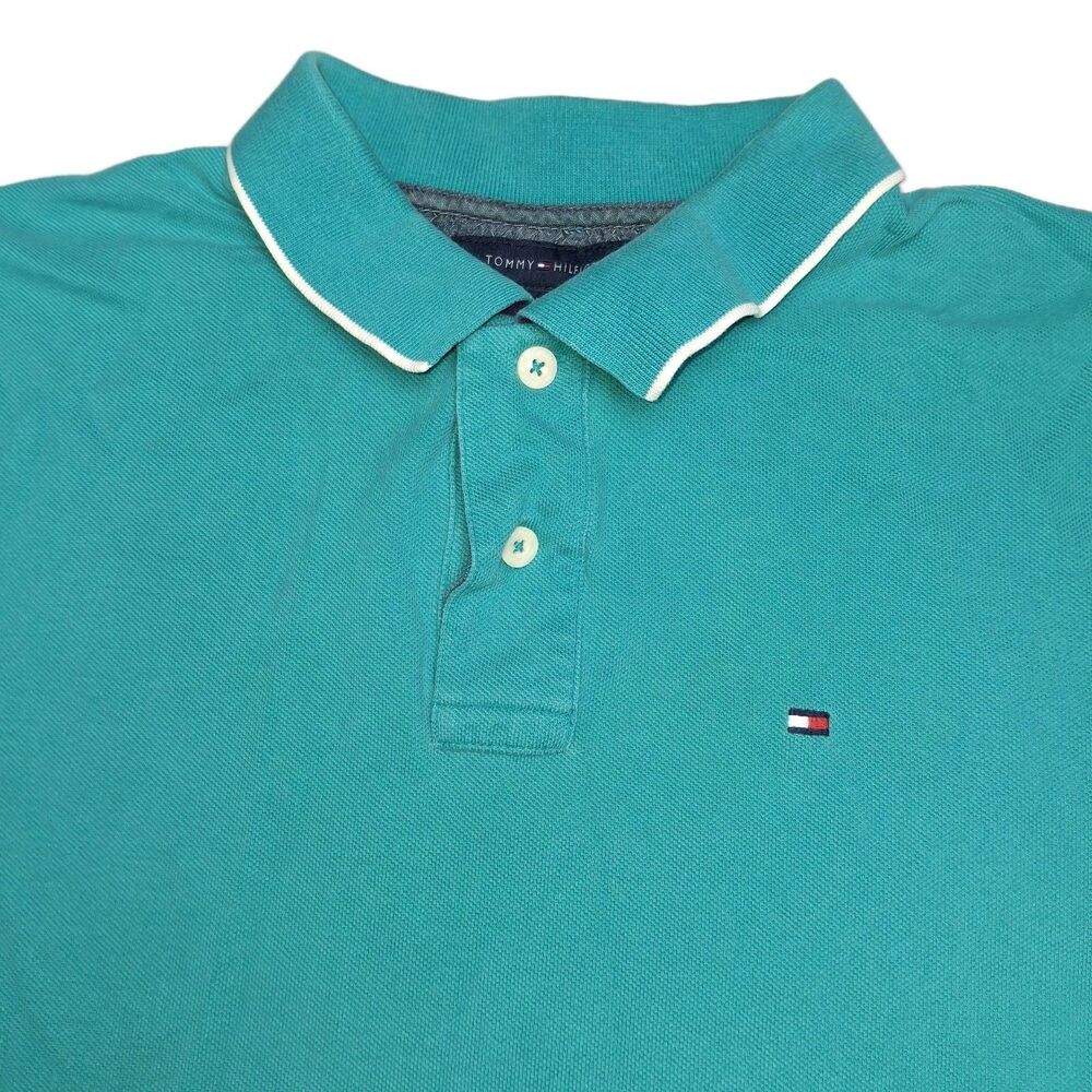 Tommy Hilfiger Mens Slim Fit Polo Shirt Teal Blue Short Sleeve Logo Cotton